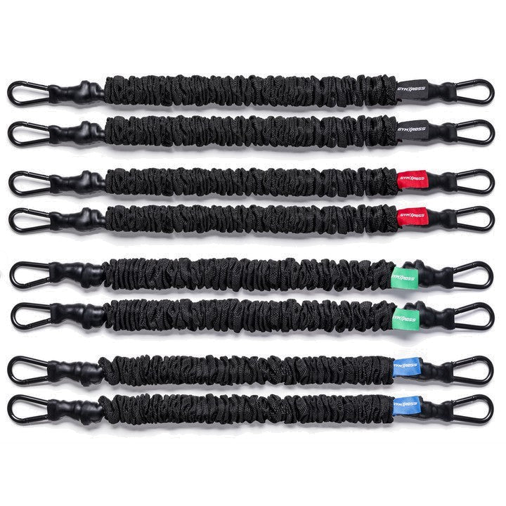 Ensemble de 8 bandes de résistance GymKross avec code couleur pour différents niveaux : noir (40 kg), rouge (20 kg), vert (30 kg), et bleu (7 kg).