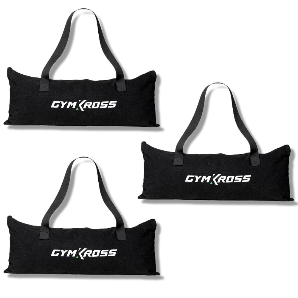 Pack famillial Gymkross elite 3 sacs de transport noirs GymKross avec des poignées robustes et le logo blanc de la marque. Les sacs contiennent chacun un pack GymKross Elite complet, idéal pour ranger et transporter l'équipement de fitness GymKross. Offre une solution pratique pour les entraînements en déplacement ou en famille.