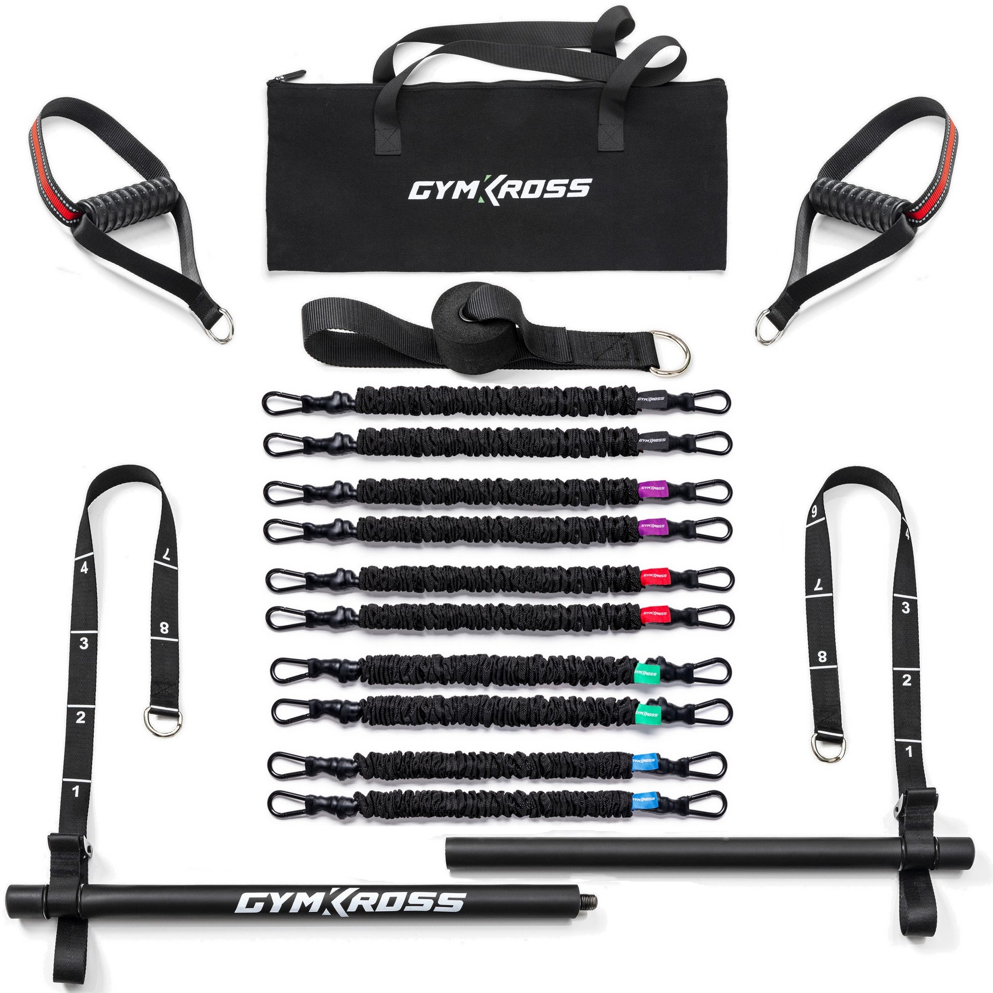 Pack GymKross Elite – kit complet de musculation portable avec barre ajustable, 10 élastiques de résistance en latex naturel, poignées antidérapantes, sangles numérotées, ancrages de porte et sac de transport noir siglé GymKross