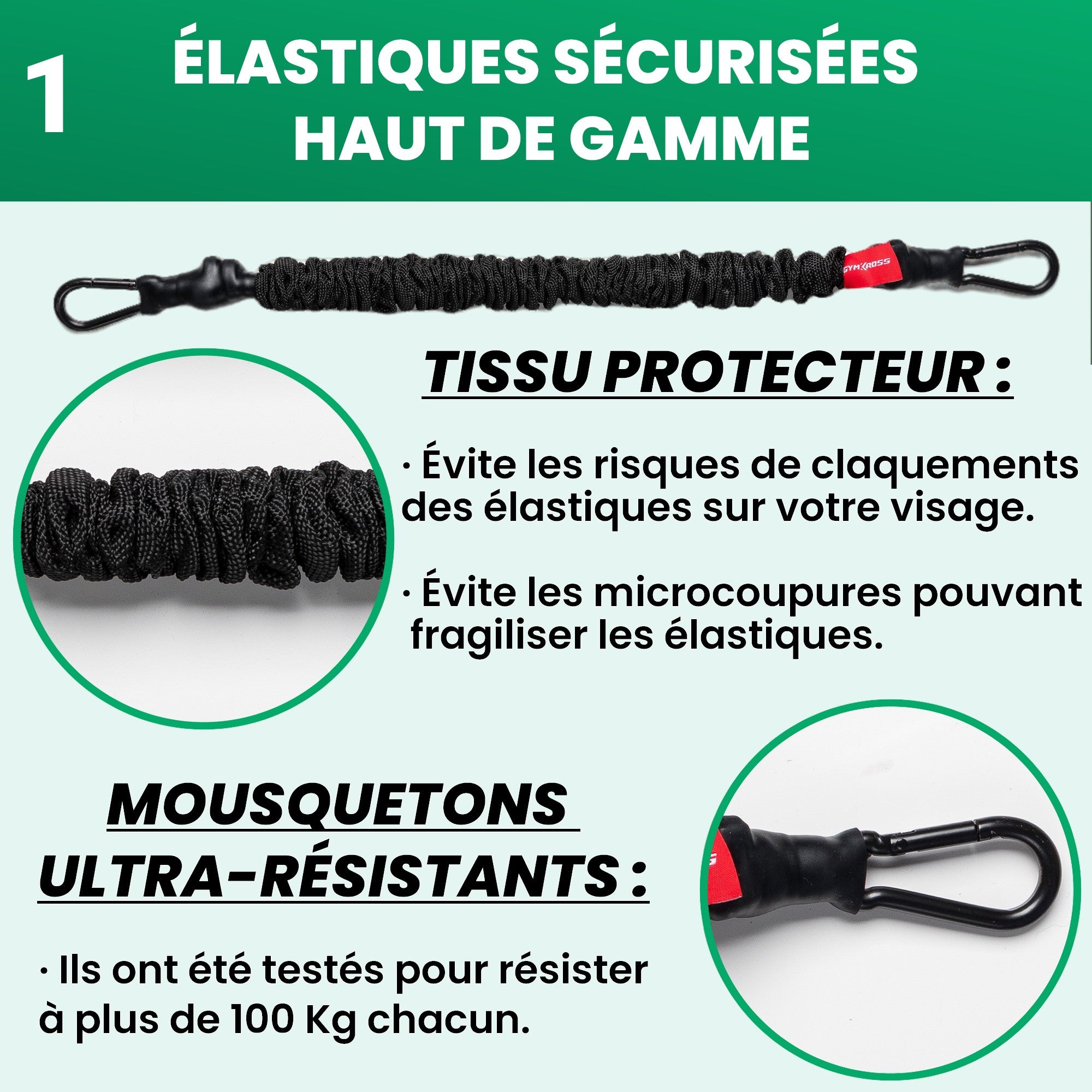 Élastiques de résistance Gymkross avec tissu protecteur pour éviter les claquements et microcoupures, équipés de mousquetons ultra-résistants testés pour supporter plus de 100 kg.