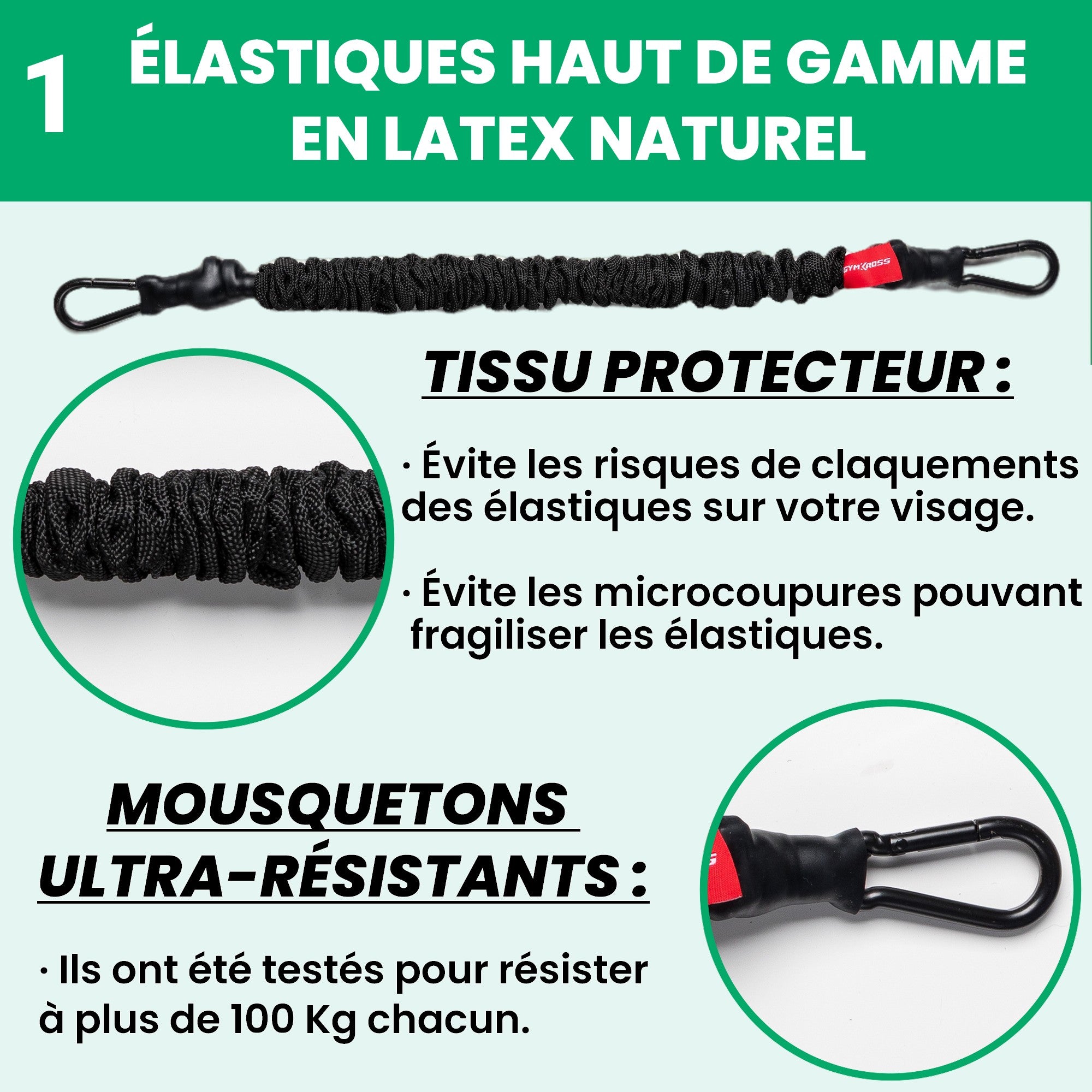Élastiques de résistance GymKross en latex naturel avec tissu protecteur anti-usure et mousquetons ultra-résistants testés à plus de 100 kg