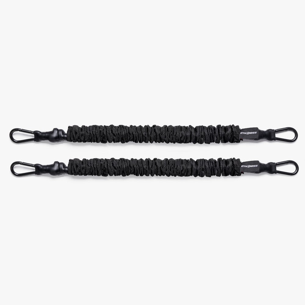 "Paire de bandes de résistance GymKross noires avec des mousquetons aux extrémités, totalisant une résistance de 80 kg (2x40 kg). Les bandes sont enveloppées de tissu pour une protection supplémentaire et une durabilité accrue. Idéales pour une variété d'exercices de musculation, permettant un entraînement efficace et polyvalent."