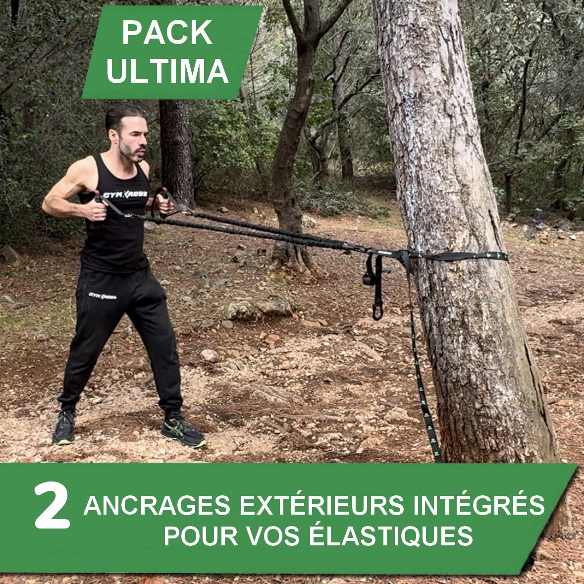Entraînement en plein air avec un ancrage extérieur attaché à un arbre(PACK ULTIMA), utilisant des élastiques de résistance GymKross pour des exercices de renforcement musculaire.