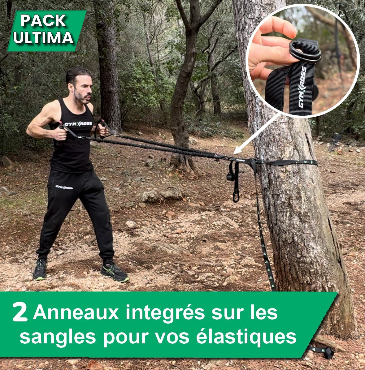 Pack Ultima GymKross avec 2 anneaux intégrés sur les sangles pour accrocher les élastiques, entraînement en plein air sécurisé avec ancrage autour d’un arbre