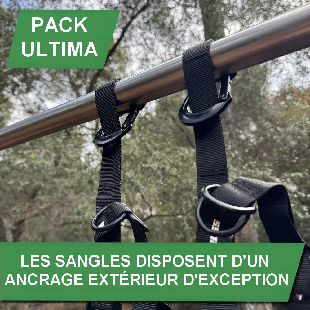 Entraînement en extérieur avec des sangles de suspension(Pack Ultima) GymKross pour améliorer l'équilibre, l'endurance et la stabilité musculaire, démontré par un athlète en position de pompes.