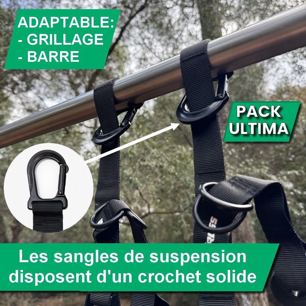 Sangles de suspension Pack Ultima GymKross avec crochets solides adaptables sur grillage ou barre pour entraînement en plein air sécurisé