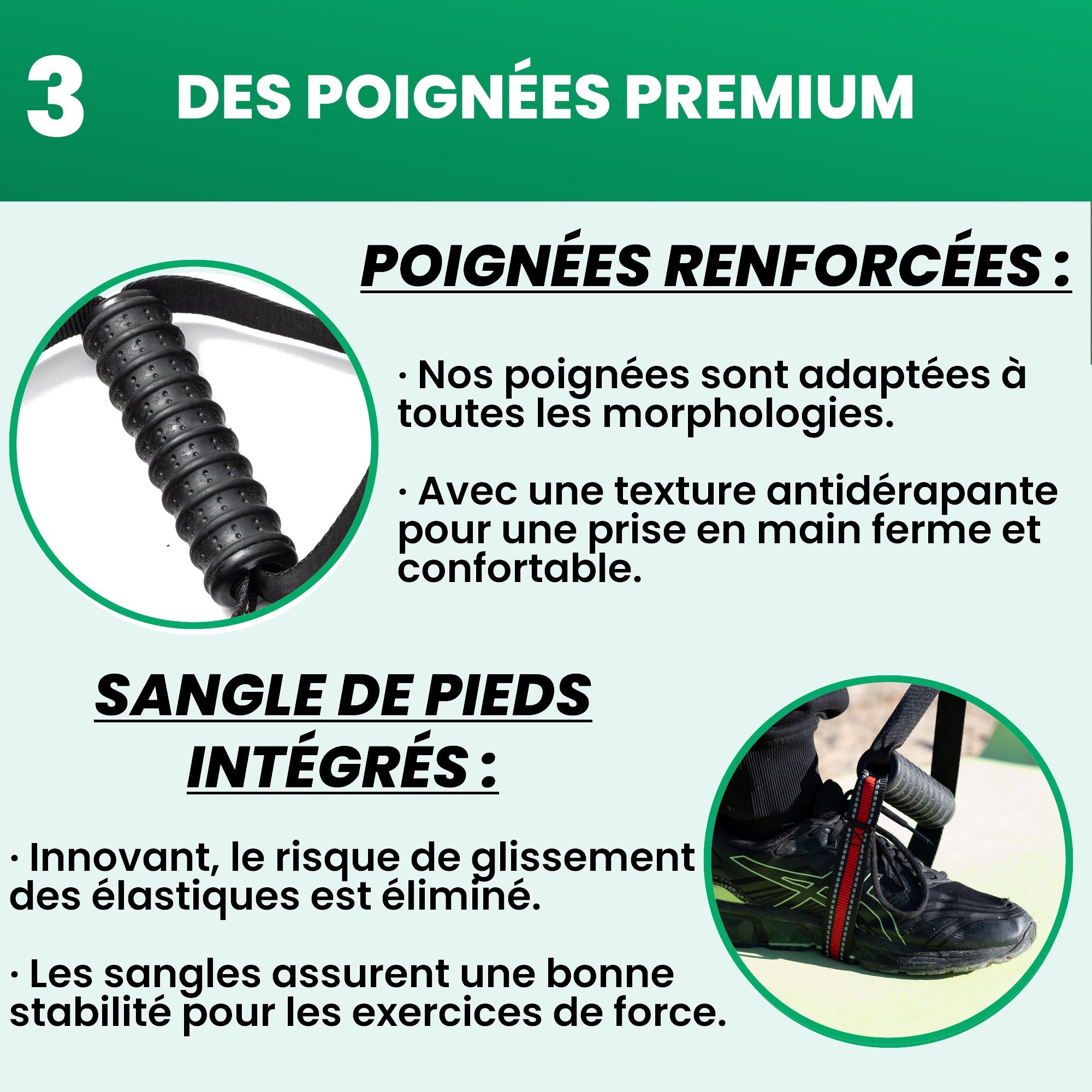 Poignées renforcées Gymkross avec texture antidérapante pour une prise en main confortable et sangles de pieds intégrées offrant une stabilité optimale pour les exercices de force.