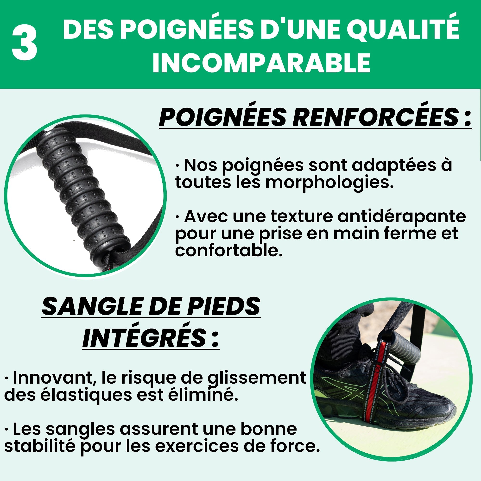 Poignées renforcées GymKross avec texture antidérapante et sangle de pieds intégrée pour éliminer le risque de glissement des élastiques et assurer une stabilité optimale pendant les exercices de musculation