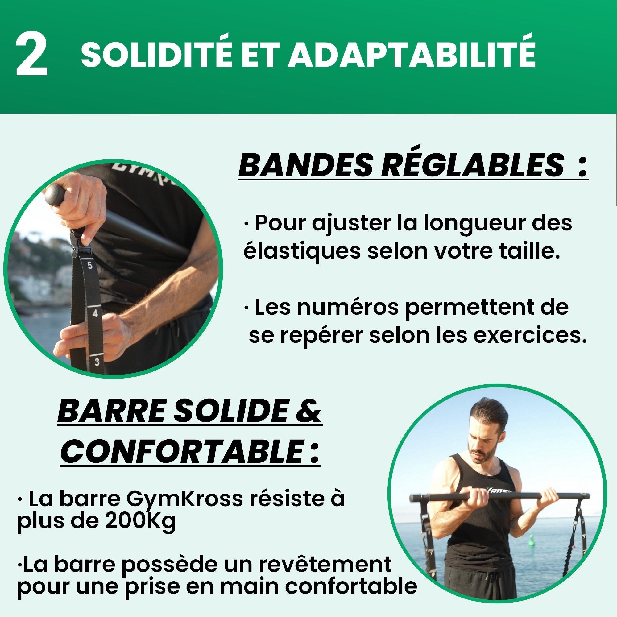 Bandes réglables Gymkross avec numérotation pour ajustement et repérage facile, et barre solide résistante à plus de 200 kg avec revêtement pour une prise en main confortable.