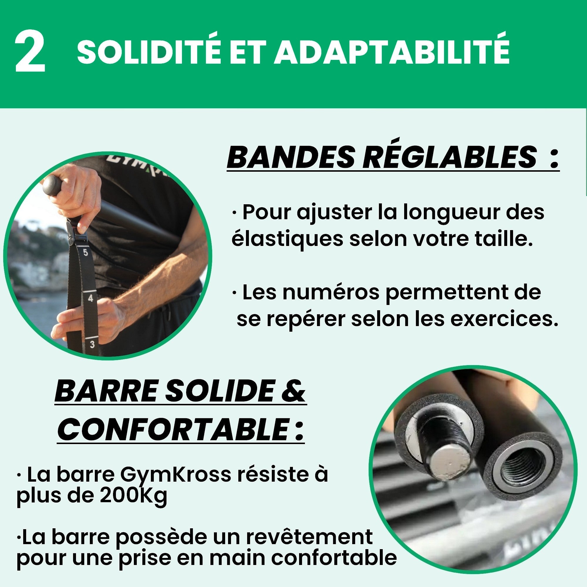 Barre de musculation GymKross résistante à plus de 200 kg avec revêtement antidérapant et bandes réglables numérotées pour adapter la longueur des élastiques selon la taille et les exercices