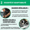 Barre de musculation GymKross résistante à plus de 200 kg avec revêtement antidérapant et bandes réglables numérotées pour adapter la longueur des élastiques selon la taille et les exercices