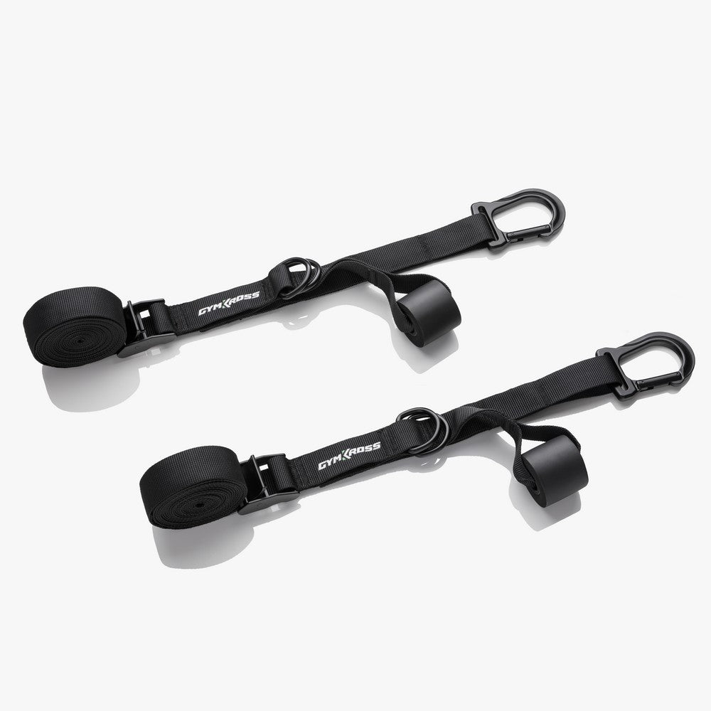 "Paire de sangles de suspension GymKross en nylon résistant, équipées de mousquetons solides, offrant une stabilité et une sécurité optimales pour les entraînements en suspension, parfaites pour un usage intérieur et extérieur."