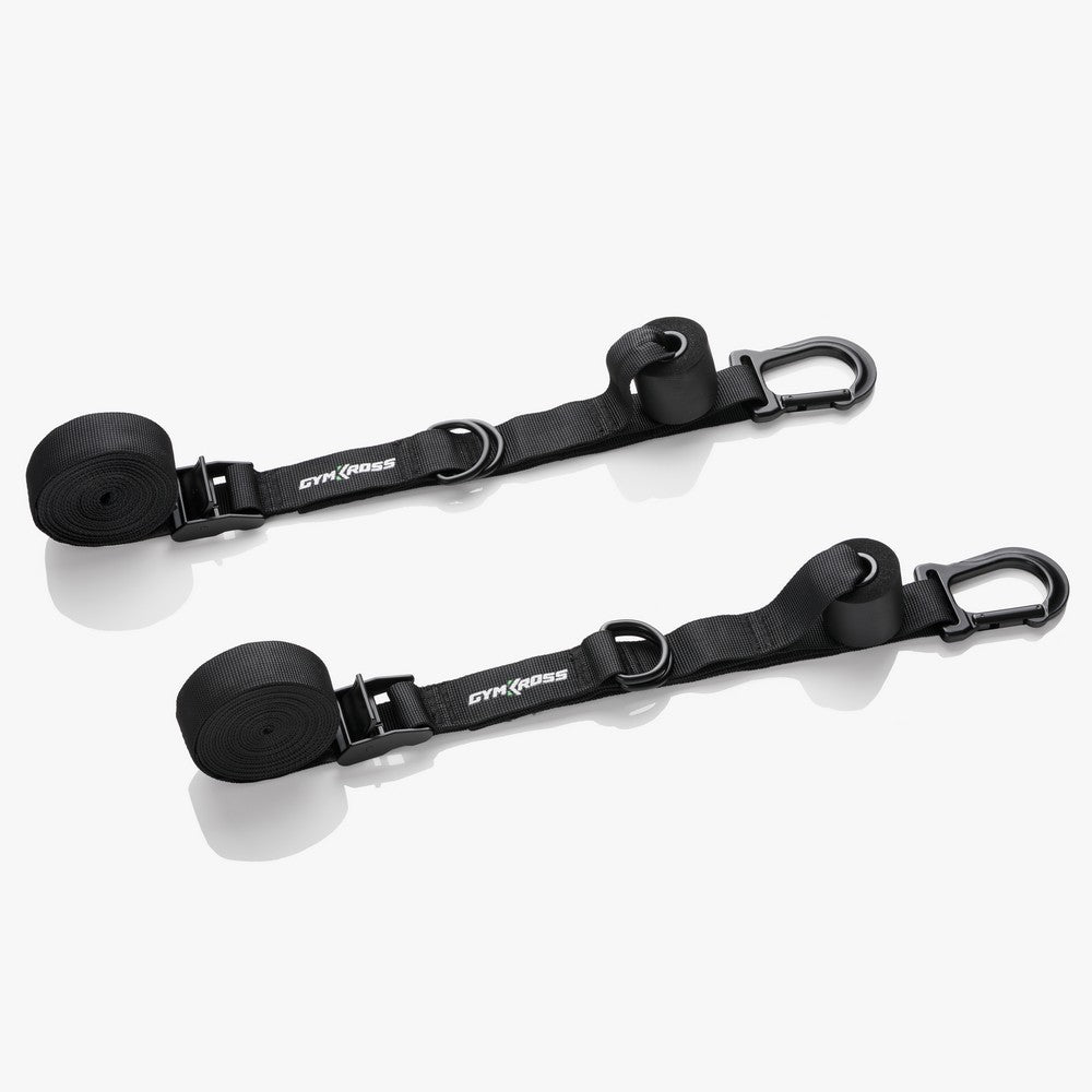 Paire de sangles de suspension GymKross en nylon durable avec mousquetons robustes, conçues pour des entraînements en suspension sécurisés, offrant stabilité et résistance, idéales pour des exercices à domicile ou en extérieur.