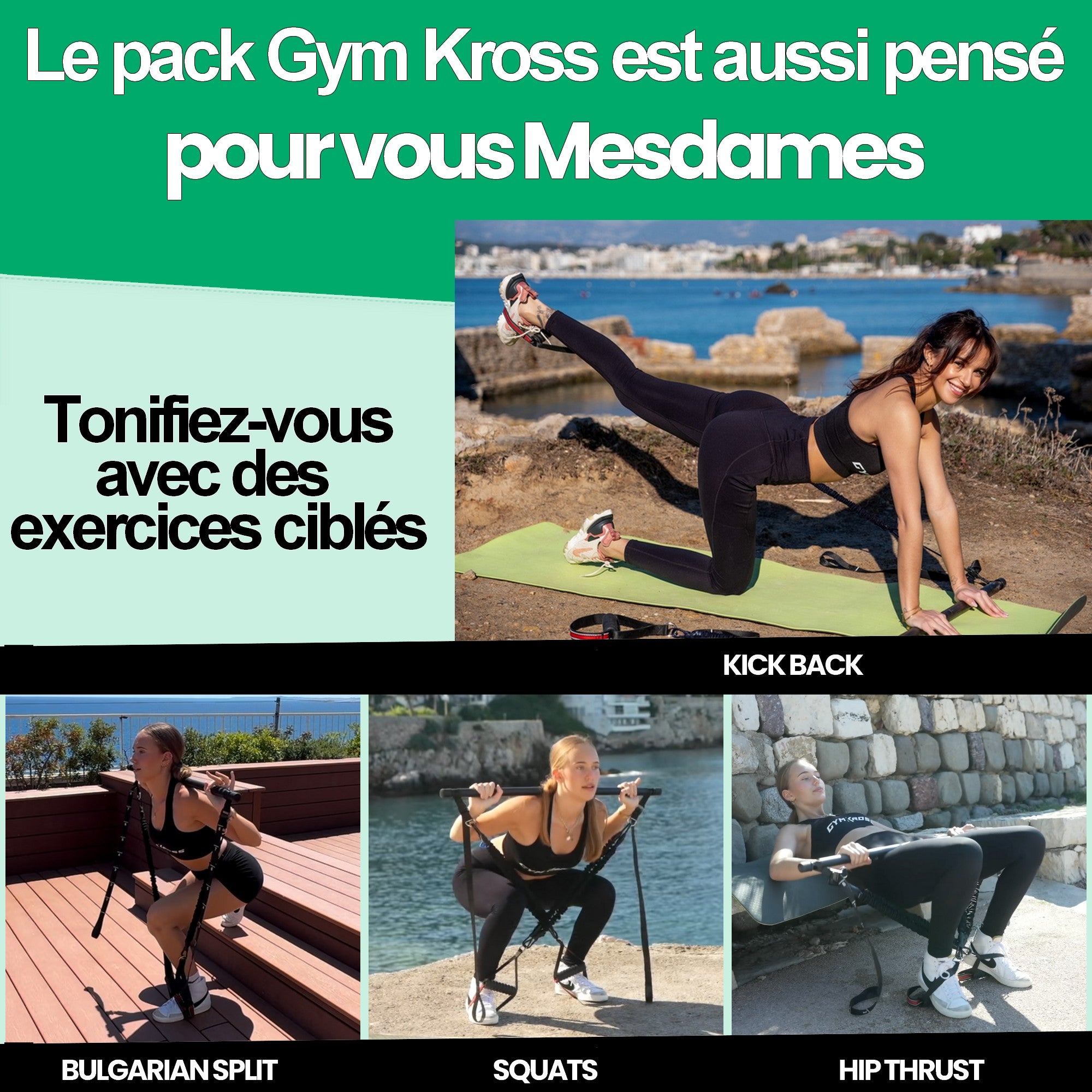 Pack GymKross pour femmes – exercices ciblés de tonification avec élastiques et barre portable incluant kick back, Bulgarian split, squats et hip thrust