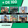 Collage montrant plus de 100 exercices possibles avec le kit Gymkross, incluant squats, hip thrust, shoulder press, biceps curl, bar press, et kick back, soulignant la polyvalence pour un entraînement complet.