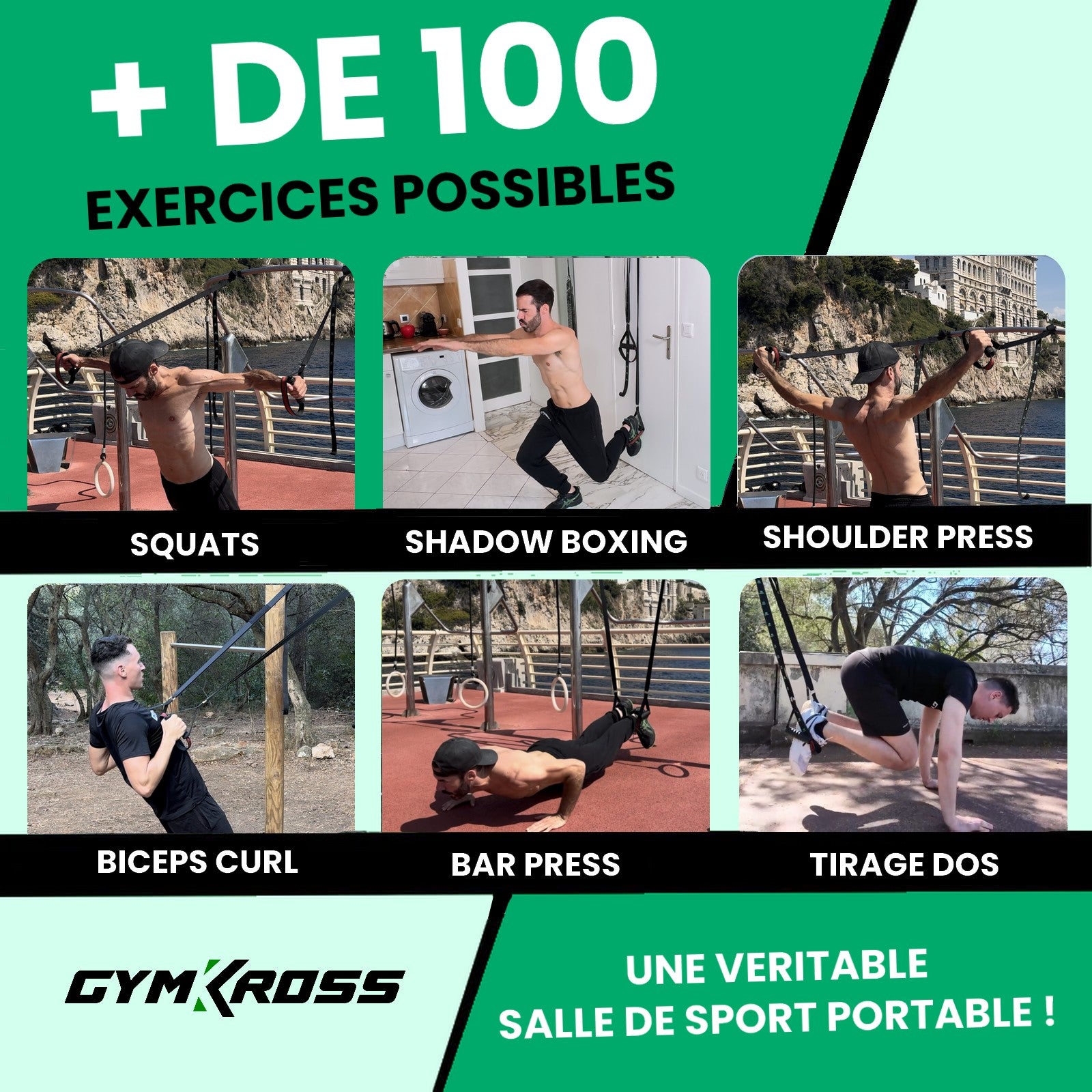 Exemples d’exercices avec le kit GymKross – squats, shadow boxing, shoulder press, biceps curl, bar press et tirage dos, plus de 100 mouvements possibles pour transformer tout espace en salle de sport portable