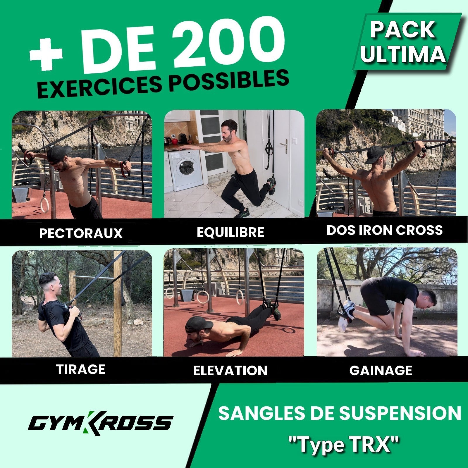 Pack Ultima GymKross avec sangles de suspension type TRX permettant plus de 200 exercices comme pectoraux, équilibre, dos iron cross, tirage, élévation et gainage pour musculation complète à domicile ou en extérieur
