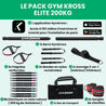 Pack GymKross Elite 200 kg avec 10 élastiques en latex naturel, 1 barre démontable, 2 poignées renforcées, 2 sangles numérotées, 1 ancrage 2-en-1 intérieur/extérieur, 2 sangles de chevilles, sac de transport et accès à l’application GymKross avec 100 vidéos d’exercices et tutoriels