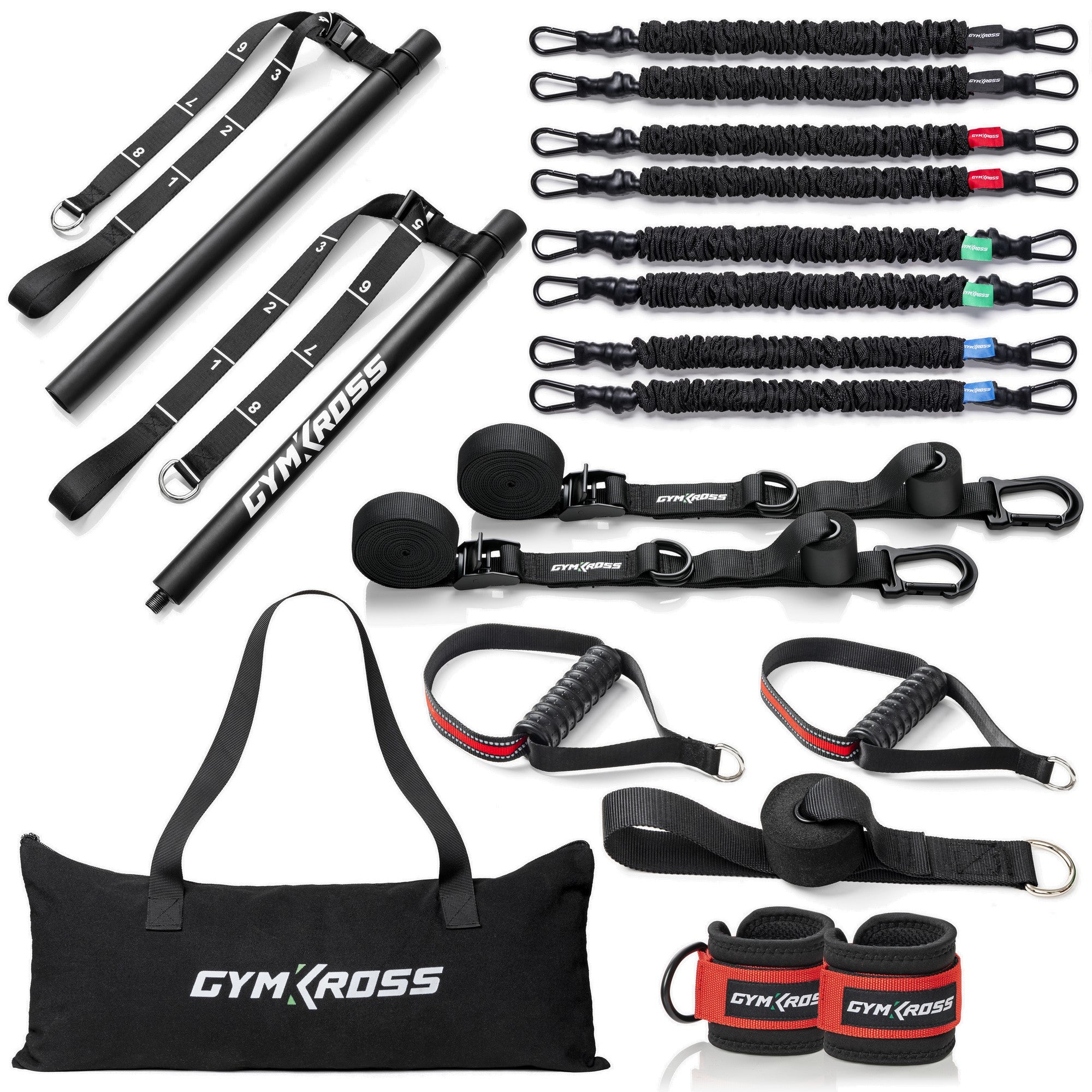 Pack GymKross ULTIMA comprenant 8 élastiques en latex naturel, 2 poignées renforcées, 2 bandes en nylon numérotées, 2 sangles de suspension avec ancrage extérieur, 1 barre GymKross, 1 sac de transport, 2 sangles de chevilles, et 1 ancrage 2-en-1 pour usage intérieur/extérieur.