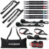 Pack GymKross ULTIMA comprenant 8 élastiques en latex naturel, 2 poignées renforcées, 2 bandes en nylon numérotées, 2 sangles de suspension avec ancrage extérieur, 1 barre GymKross, 1 sac de transport, 2 sangles de chevilles, et 1 ancrage 2-en-1 pour usage intérieur/extérieur.