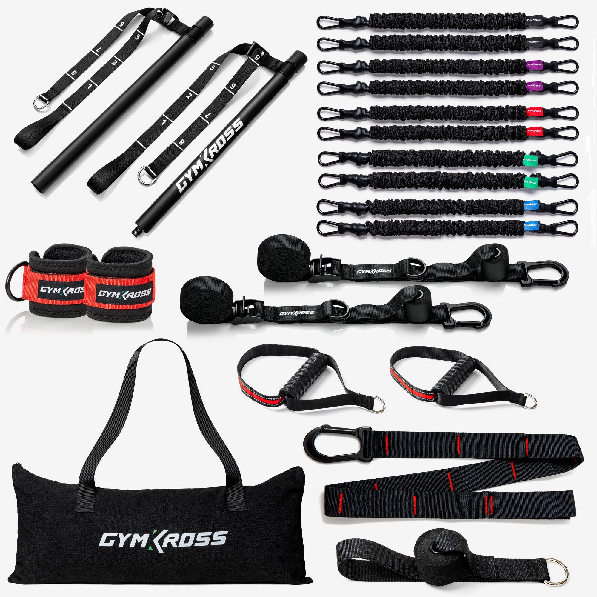 Pack GymKross Ultima – kit de fitness portable complet avec barre démontable, 10 élastiques en latex naturel, poignées antidérapantes, sangles de suspension, sangles de chevilles, ancrage 2-en-1 et sac de transport pour musculation maison et entraînement extérieur