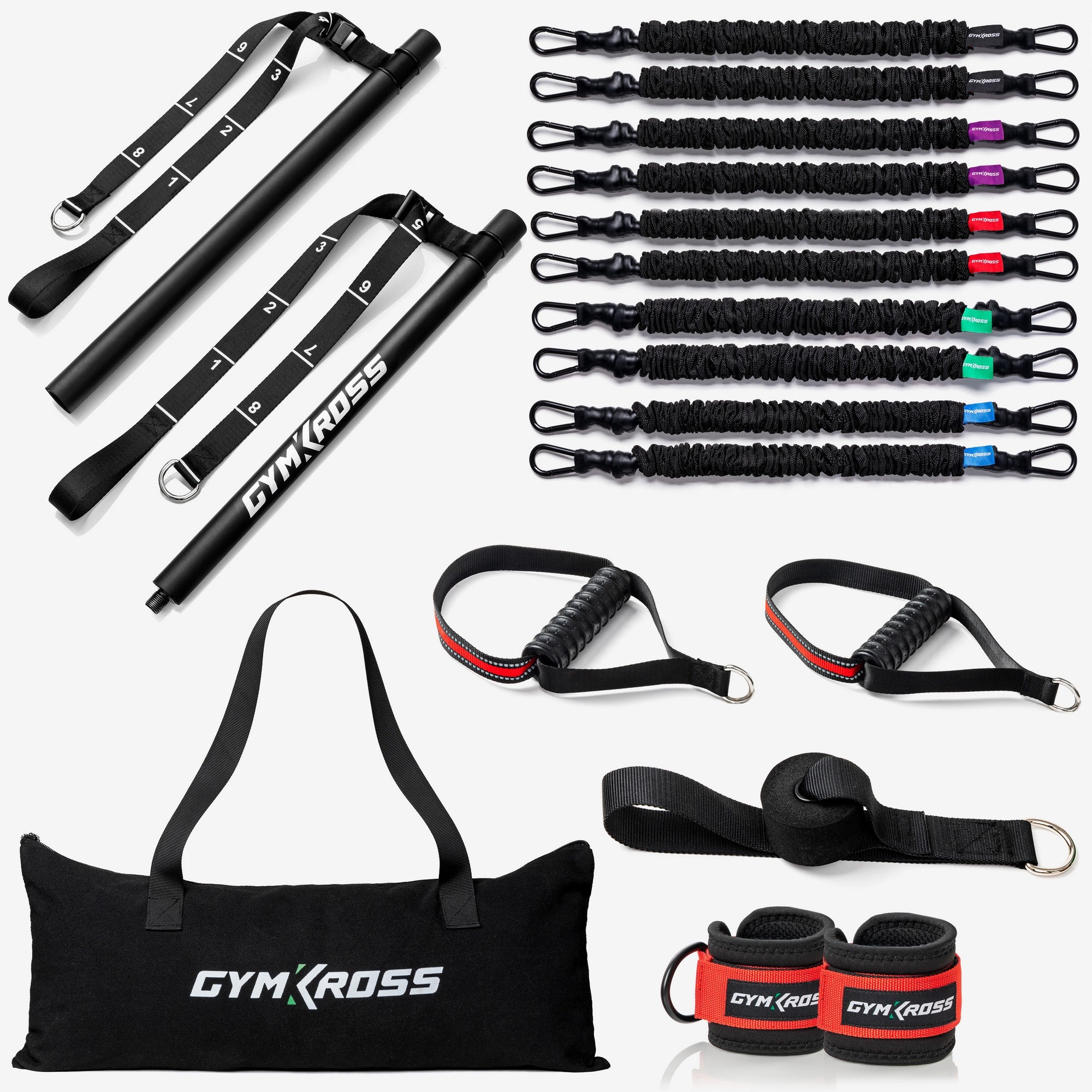 Vue d'ensemble du Pack GymKross Elite – kit de fitness portable avec 10 élastiques en latex naturel, barre démontable, 2 poignées renforcées, 2 sangles de chevilles, bandes numérotées, ancrage 2-en-1 et sac de transport pour musculation maison ou en voyage