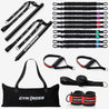 Vue d'ensemble du Pack GymKross Elite – kit de fitness portable avec 10 élastiques en latex naturel, barre démontable, 2 poignées renforcées, 2 sangles de chevilles, bandes numérotées, ancrage 2-en-1 et sac de transport pour musculation maison ou en voyage
