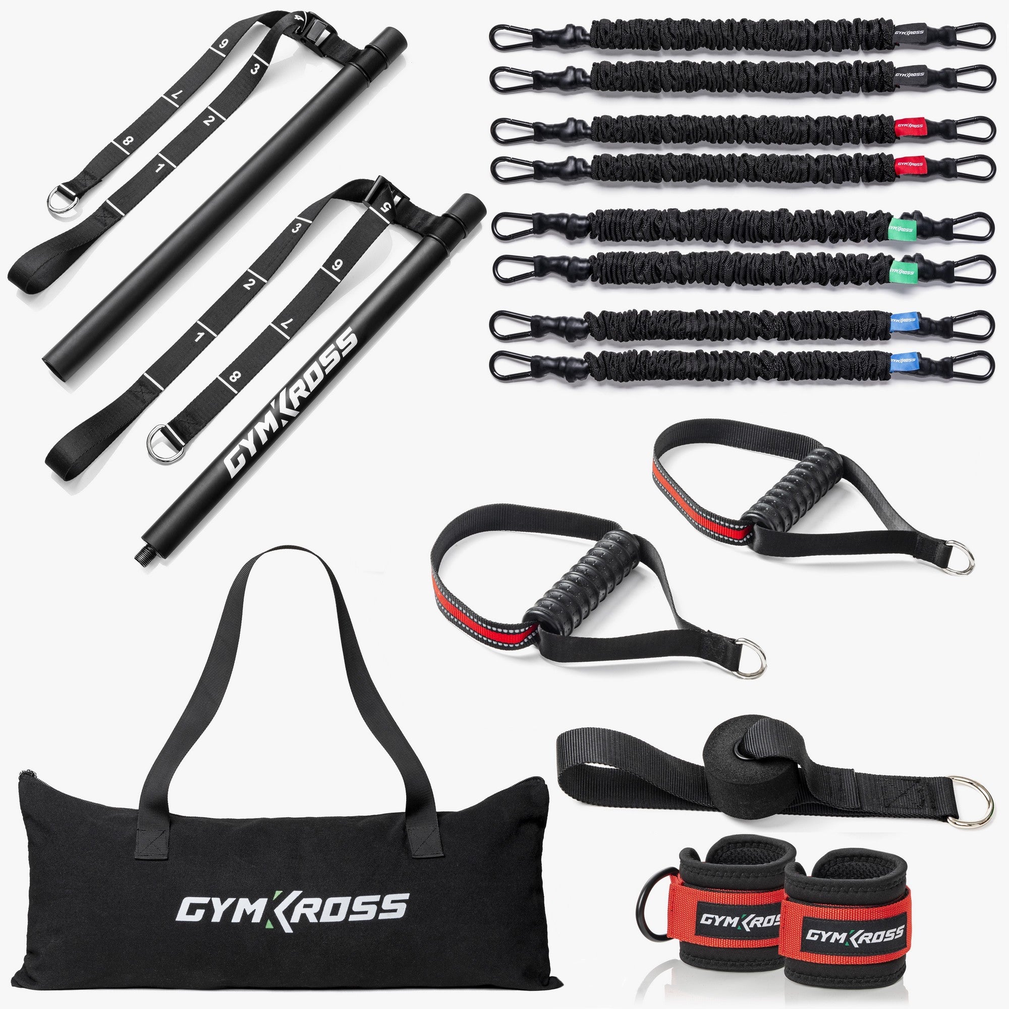 Vue d'ensemble du Pack GymKross Elite incluant 8 élastiques en latex naturel, 2 poignées renforcées, 2 bandes en nylon numérotées, 1 barre GymKross, 1 sac de transport, 2 sangles de chevilles et 1 ancrage 2-en-1 pour entraînements intérieurs et extérieurs.