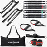 Vue d'ensemble du Pack GymKross Elite incluant 8 élastiques en latex naturel, 2 poignées renforcées, 2 bandes en nylon numérotées, 1 barre GymKross, 1 sac de transport, 2 sangles de chevilles et 1 ancrage 2-en-1 pour entraînements intérieurs et extérieurs.