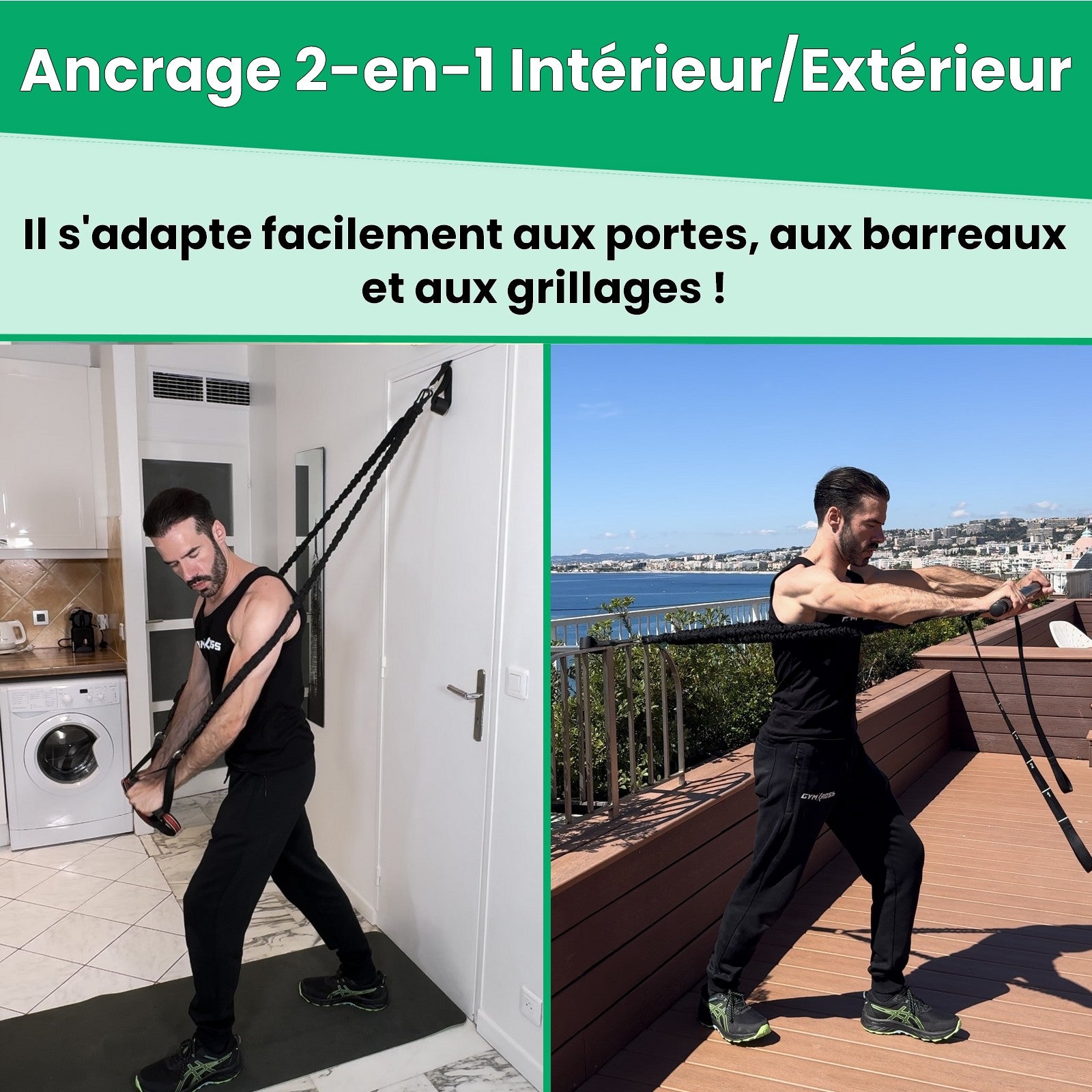 "Ancrage 2-en-1 GymKross pour intérieur et extérieur montrant sa polyvalence sur portes et grilles. À gauche, un homme utilise l'ancrage sur une porte intérieure; à droite, un autre homme s'entraîne sur un balcon avec vue sur la mer, démontrant l'adaptabilité et la facilité d'utilisation de l'équipement GymKross."