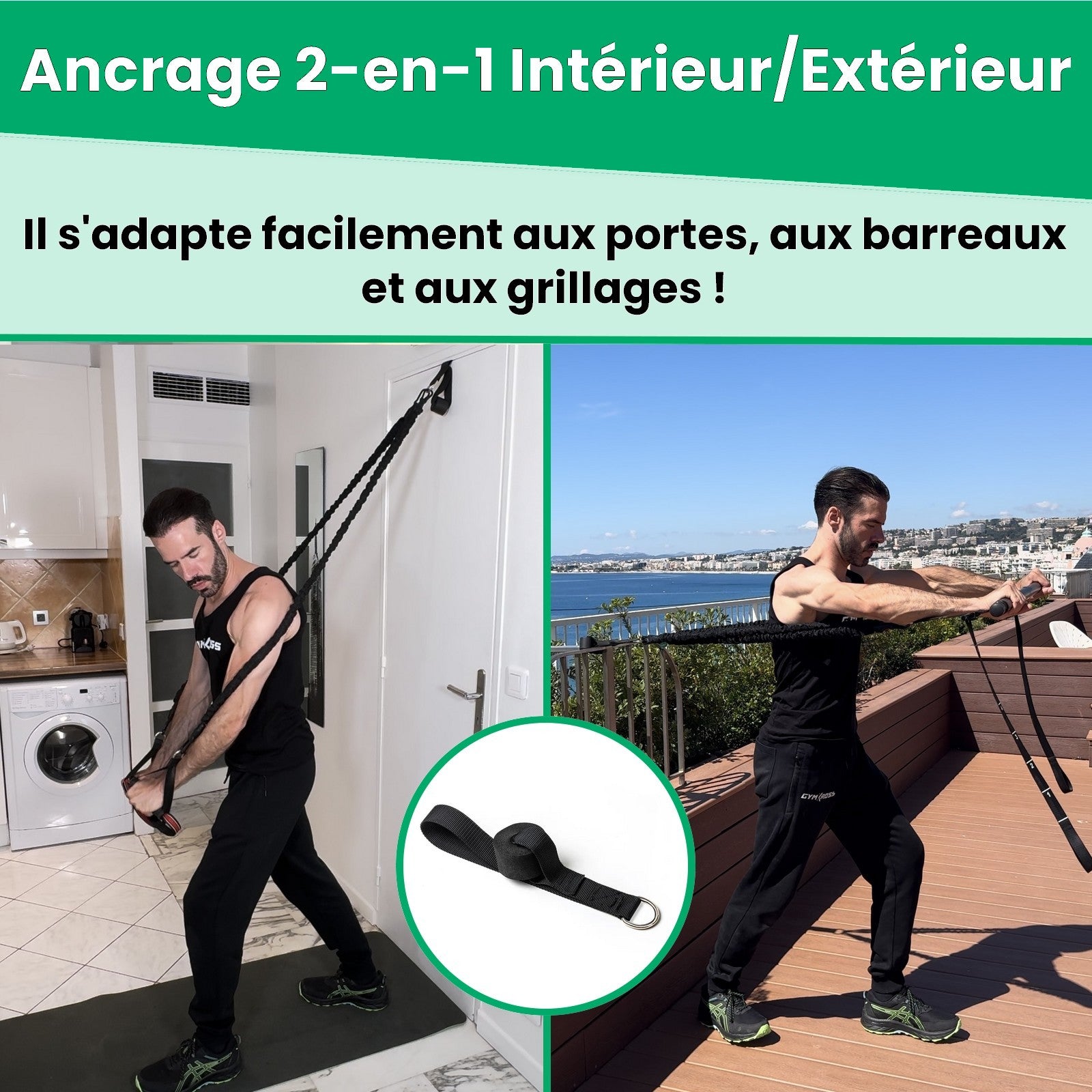 Ancrage 2-en-1 GymKross pour intérieur et extérieur, adaptable aux portes, barreaux et grillages, permettant un entraînement polyvalent et sécurisé avec élastiques de résistance