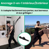 Ancrage 2-en-1 GymKross pour intérieur et extérieur, adaptable aux portes, barreaux et grillages, permettant un entraînement polyvalent et sécurisé avec élastiques de résistance