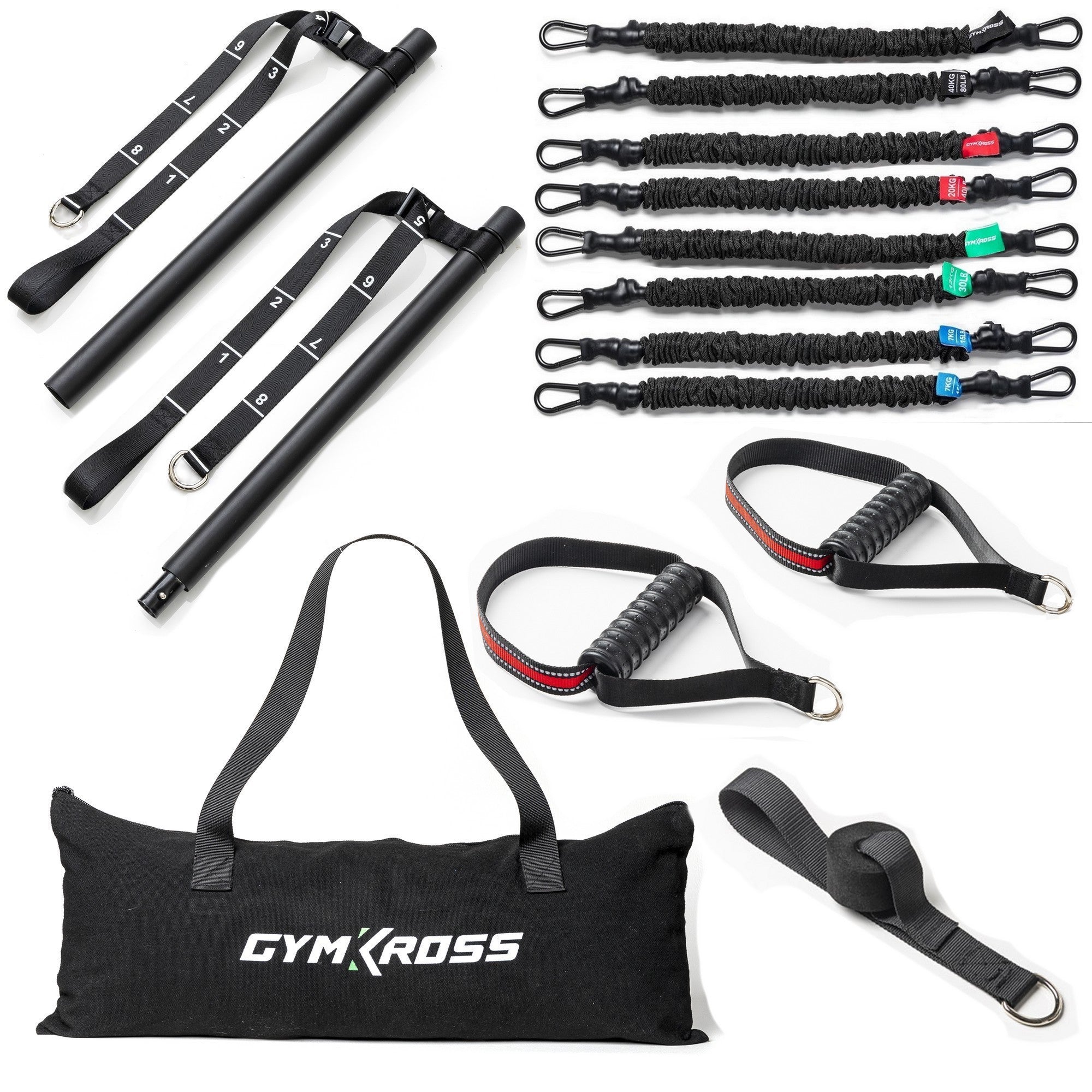 "Ensemble d'équipement de fitness GymKross Elite Pack comprenant une barre avec sangles numérotées, huit bandes de résistance codées par couleur totalisant 160 kg de résistance(2*7+2*13+2*20+2*40=160kg) deux poignées renforcées avec prises rembourrées, une sangle d'ancrage et un sac de transport noir avec le logo GymKross. Idéal pour une variété d'exercices de musculation, offrant une solution d'entraînement portable et polyvalente."