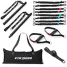 "Ensemble d'équipement de fitness GymKross Elite Pack comprenant une barre avec sangles numérotées, huit bandes de résistance codées par couleur totalisant 160 kg de résistance(2*7+2*13+2*20+2*40=160kg) deux poignées renforcées avec prises rembourrées, une sangle d'ancrage et un sac de transport noir avec le logo GymKross. Idéal pour une variété d'exercices de musculation, offrant une solution d'entraînement portable et polyvalente."