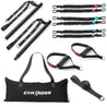 "Ensemble d'équipement de fitness GymKross Performance Pack comprenant une barre avec sangles numérotées, six bandes de résistance codées par couleur totalisant 80 kg de résistance(2*7+2*13+2*20=80kg) deux poignées renforcées avec prises rembourrées, une sangle d'ancrage et un sac de transport noir avec le logo GymKross. Idéal pour une variété d'exercices de musculation, offrant une solution d'entraînement portable et polyvalente."