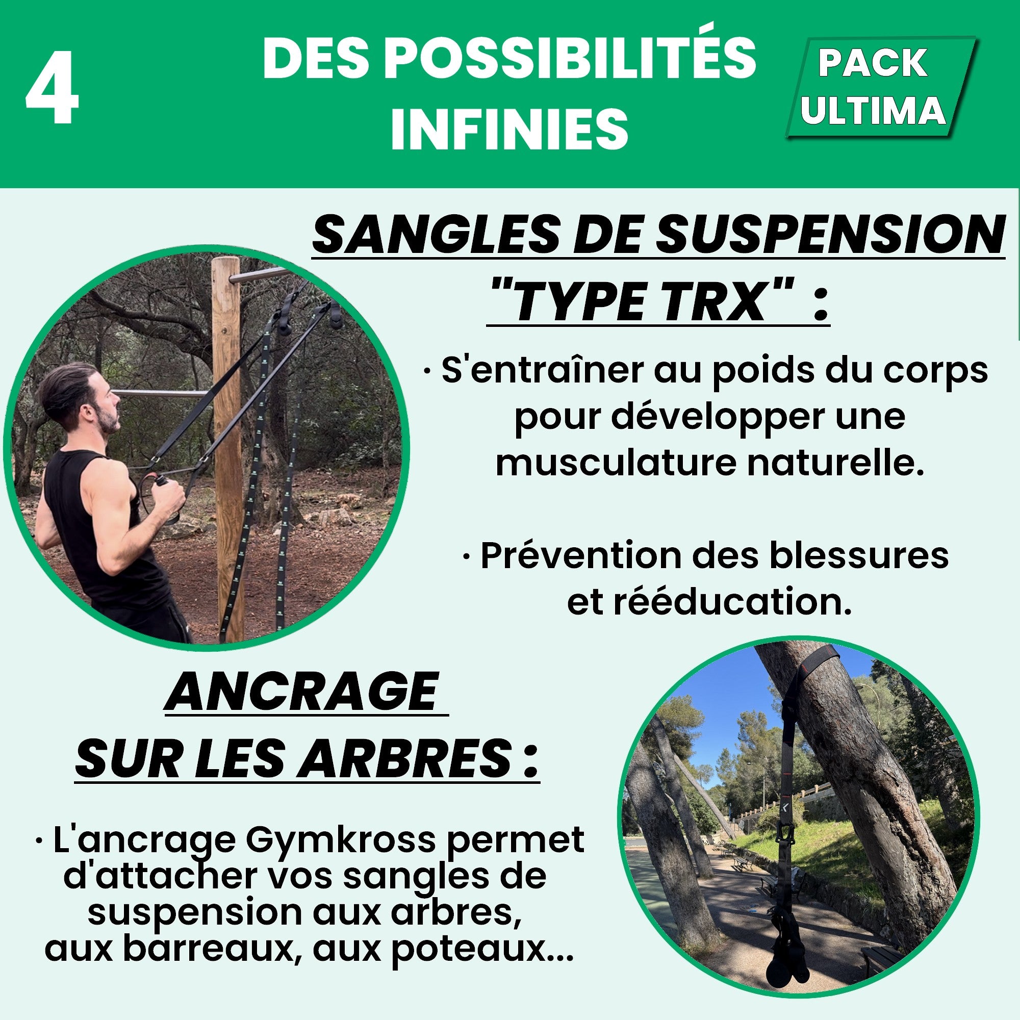 Pack GymKross Ultima avec sangles de suspension type TRX pour entraînement au poids du corps et ancrage extérieur sur arbres, poteaux ou barreaux pour musculation fonctionnelle sécurisée