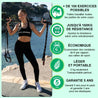 Femme utilisant le kit de fitness Gymkross en extérieur, offrant plus de 100 exercices possibles, jusqu'à 90kg de résistance, économique, léger et portable, avec une garantie de 3 ans extensible jusqu'à 5 ans.