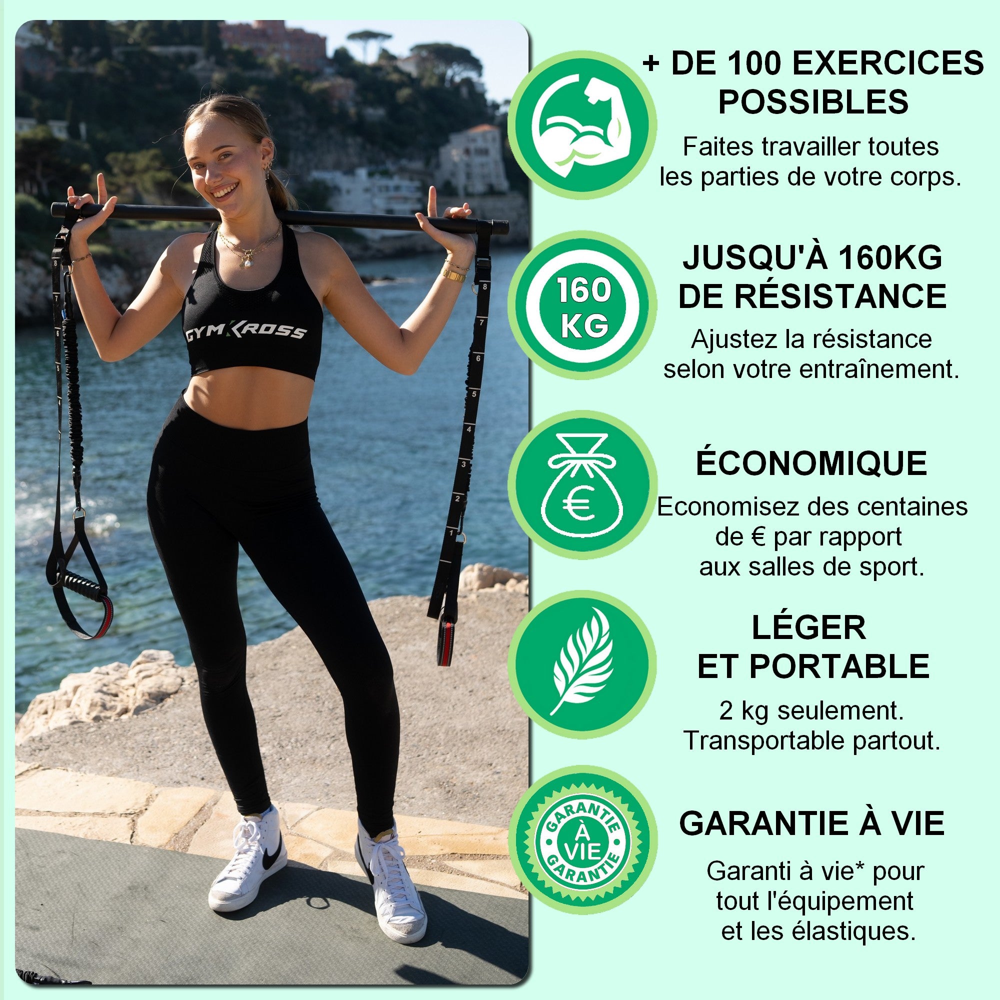 Femme utilisant le kit de fitness Gymkross en extérieur, offrant plus de 100 exercices possibles, jusqu'à 90kg de résistance, économique, léger et portable, avec une garantie à vie.