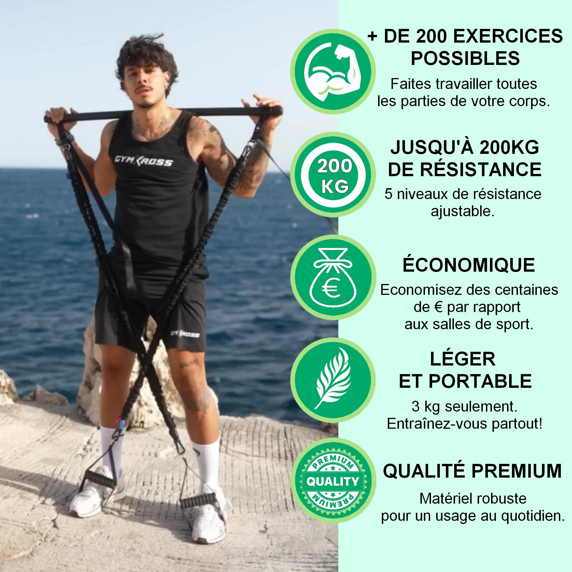 Kit fitness portable GymKross permettant plus de 200 exercices avec résistance ajustable jusqu’à 200 kg, léger et économique, conçu en matériel robuste de qualité premium